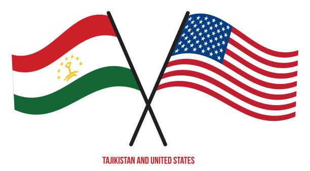 illustrazioni stock, clip art, cartoni animati e icone di tendenza di tagikistan e bandiere degli stati uniti attraversavano lo stile piatto. proporzione ufficiale. colori corretti - tagikistan