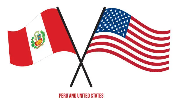 Vector illustration of Peru and United States Flags Crossed And Waving Flat Style. Official Proportion. Correct Colors