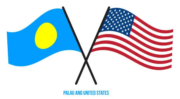 Vector illustration of Palau and United States Flags Crossed And Waving Flat Style. Official Proportion. Correct Colors