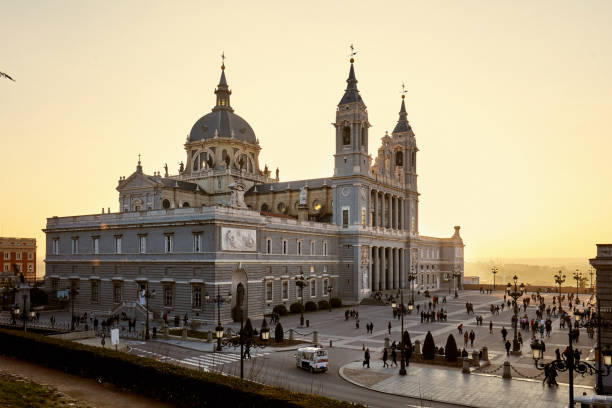 Almudena Cathedral at sunset, The cathedral of Madrid, Spain, and is a modern building concluded in 1993. It is one of the attractions of the city.