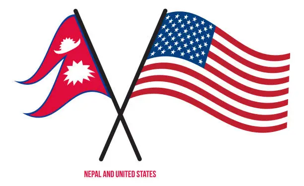 Vector illustration of Nepal and United States Flags Crossed And Waving Flat Style. Official Proportion. Correct Colors