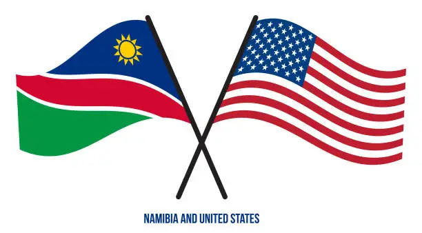 Vector illustration of Namibia and United States Flags Crossed And Waving Flat Style. Official Proportion. Correct Colors