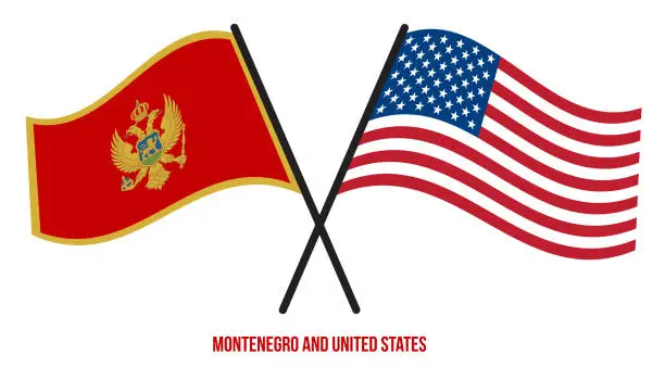 Vector illustration of Montenegro and United States Flags Crossed Flat Style. Official Proportion. Correct Colors