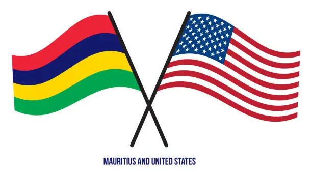 Vector illustration of Mauritius and United States Flags Crossed And Waving Flat Style. Official Proportion. Correct Colors