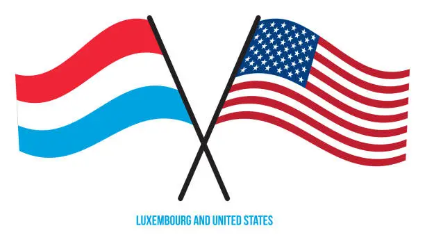 Vector illustration of Luxembourg and United States Flags Crossed Flat Style. Official Proportion. Correct Colors