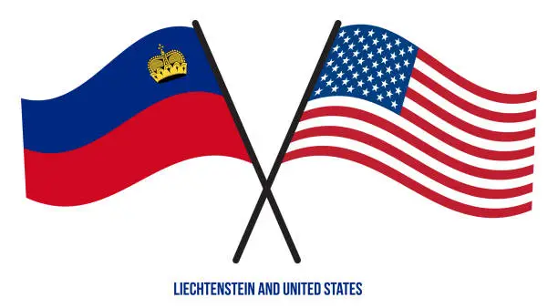 Vector illustration of Liechtenstein and United States Flags Crossed Flat Style. Official Proportion. Correct Colors