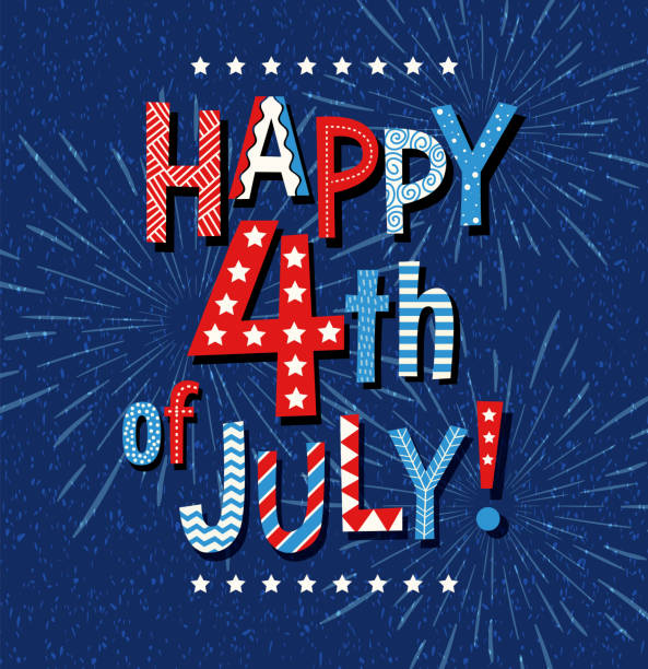 ilustraciones, imágenes clip art, dibujos animados e iconos de stock de feliz 4 de julio de 2020 en letras de garabatos rojos y azules y fuegos artificiales sobre fondo azul marino. - happy
