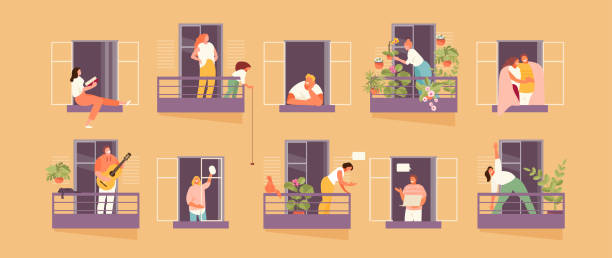 People in the windows staying at home People in windows and balconies staying at home. Home life and neighborhood. Vector illustration stay at home order stock illustrations