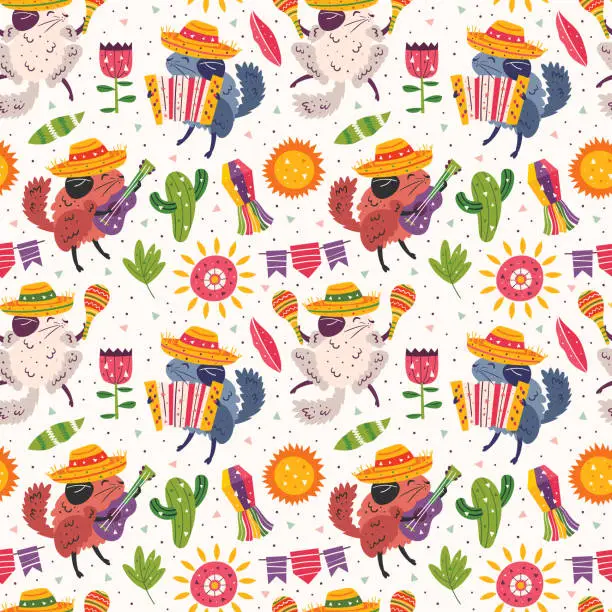 Vector illustration of Mexico holiday. Little cute chinchillas in sombrero with maracas, accordion, guitar, cactus, sun and flags. Mexican party. Latin America. Flat colourful vector seamless pattern, texture, background.