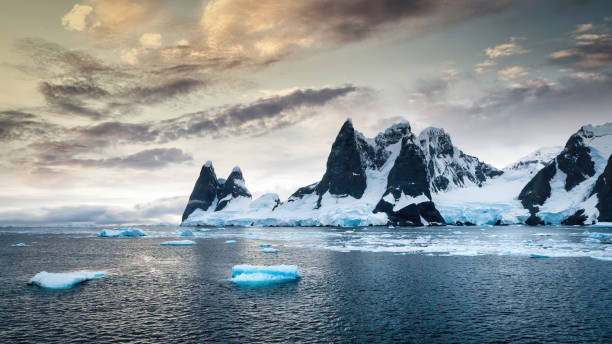 antarctica glacier mountain range sunrise twilight panorama - climate change south pole antarctica imagens e fotografias de stock