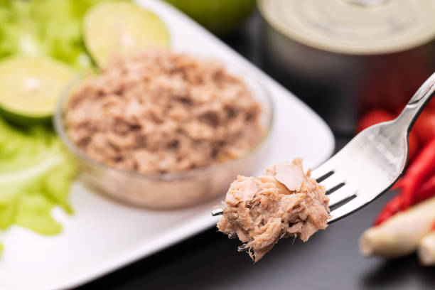 istock Tuna chunks on fork Tuna chunks in glass bowl and fresh vegetables. 1226895724