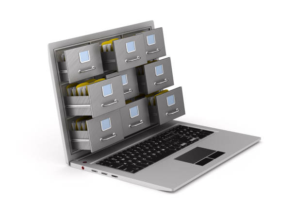 istock laptop with filing cabinet on white background. Isolated 3D illustration 1226897275