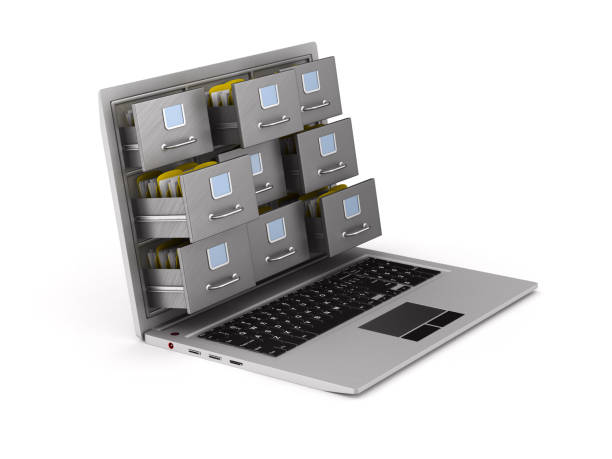 laptop with filing cabinet on white background. Isolated 3D illustration laptop with filing cabinet on white background. Isolated 3D illustration Bureaucracy stock pictures, royalty-free photos & images