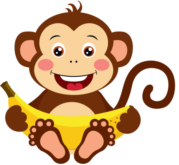 Cute Monkey Sitting With Sweet Banana Stock Illustration - Download Image  Now - Ape, Monkey, Cartoon - iStock