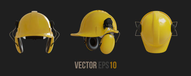 istock Set of Isolated yellow hard hats with ear defenders. Realistic 3D Vector 1226901605
