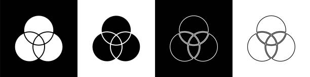 установите значок смешивания цветов rgb и cmyk, изолированный на черно-белом фоне. иллюстрация вектора - mixing abstract circle multi colored stock illustrations