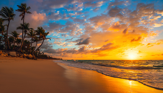 Sunrise tropical beach on Punta Cana, Dominican Republic island.