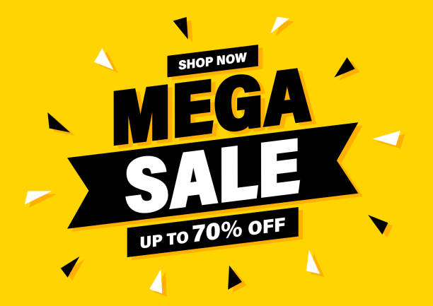 ilustrações, clipart, desenhos animados e ícones de mega sale banner, oferta especial e venda. compre agora ou só neste fim de semana. até 50 ou 60 ou 70 de desconto. desconto, mega venda. ilustração vetorial. - stock exchange flash