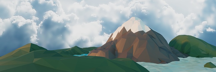 Lowpoly landscape Nature with mountains trees and clouds Sunset Background minimal panorama animation 3d rendering