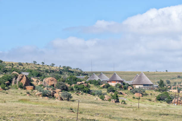 View of the Basotho Cultural Village in Golden Gate Royal Natal National Park, South Africa - March 6, 2020: A view of the Basotho Cultural Village in the Golden Gate Highlands National Park golden gate highlands national park stock pictures, royalty-free photos & images