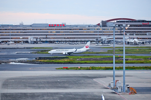 Tokyo, Japan - October 16, 2019: One japan airlines airliner at airport runway, Tokyo International Airport, Japan. Tokyo international airport is one important air airport in the world.