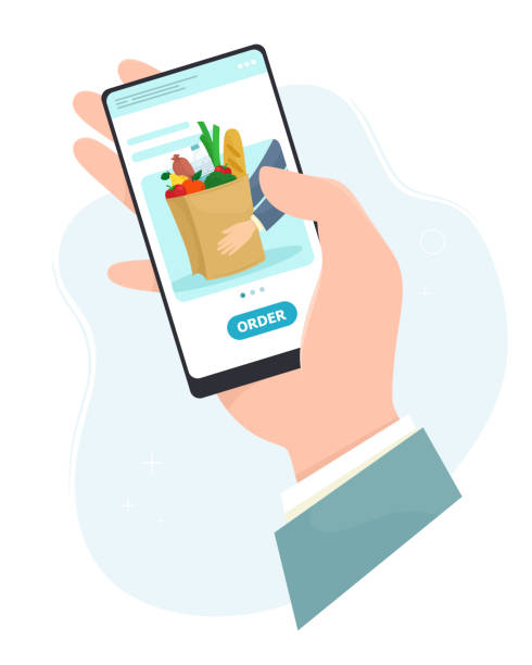 istock Online grocery delivery, hand holds smartphone in hand. Vector illustration in flat style. 1226911186
