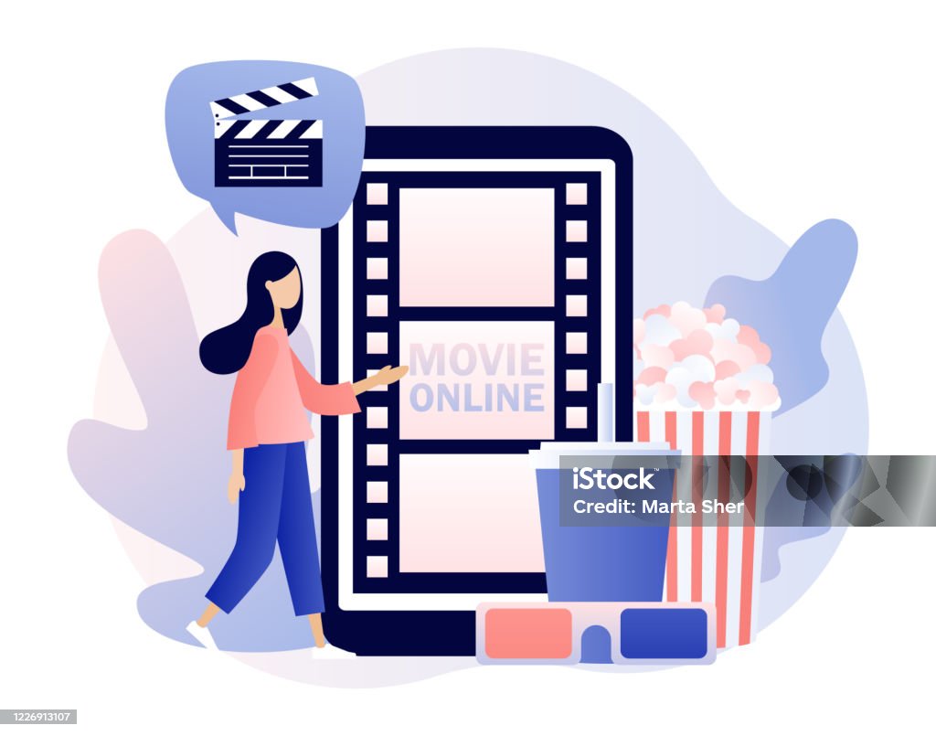 Online Cinema Concept Mobile Movie Theater Tiny Woman Watching Movie At  Mobile App With Popcorn 3d Glasses And Video Attributes Modern Flat Cartoon  Style Vector Illustration On White Background Stock Illustration -