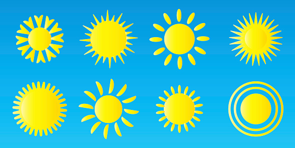 Icon of the yellow sun. Vector symbol of the abstract image of heat, heat, summer, sunlight.