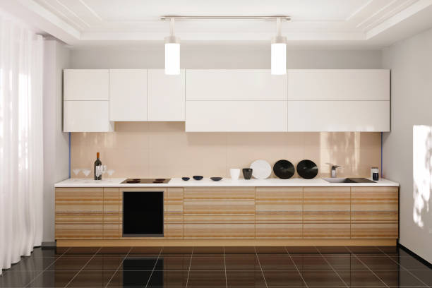 istock White and brown wooden modern kitchen - 3d rendering. 1226915510