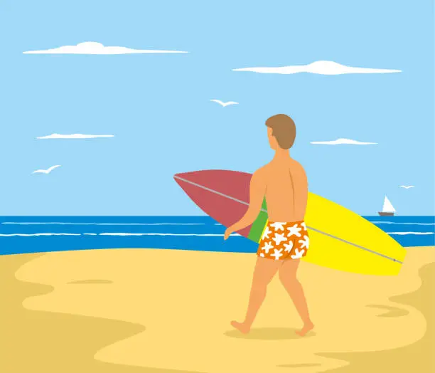 Vector illustration of Man going to surf in the ocean