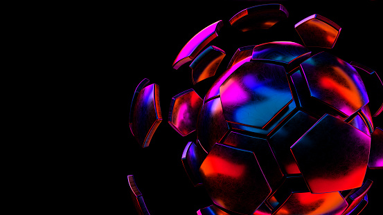 Soccer ball hexagon segments in iridescent neon vivid colors. 3d illustration.