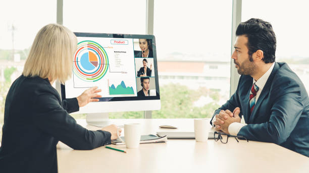 istock Video call group business people meeting on virtual workplace or remote office 1226916654