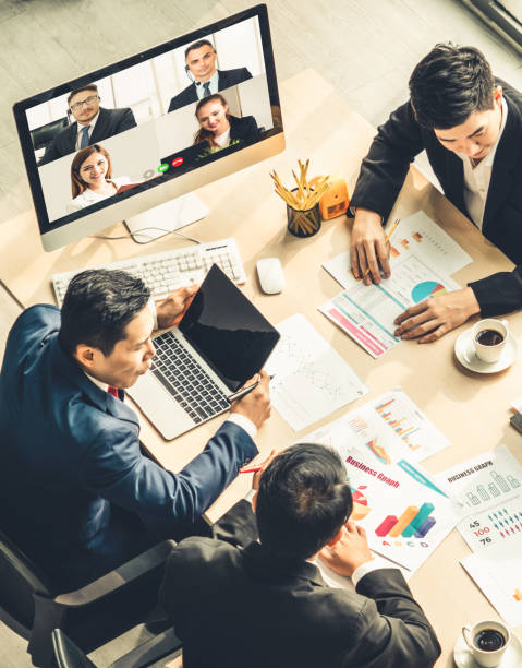 istock Video call group business people meeting on virtual workplace or remote office 1226916701
