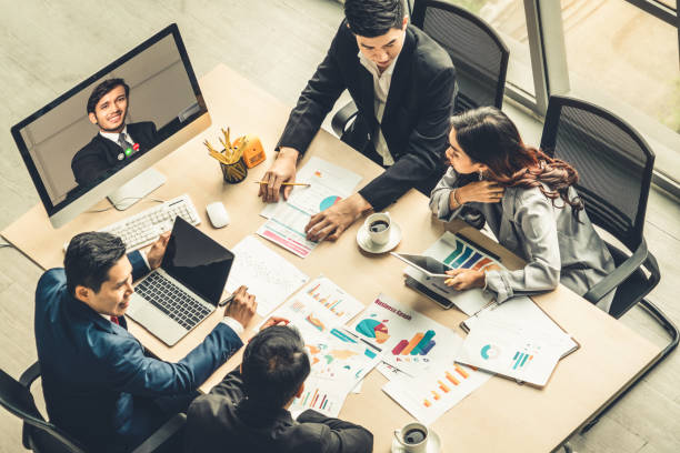istock Video call group business people meeting on virtual workplace or remote office 1226916765