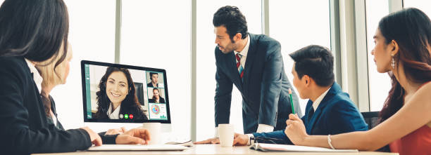 istock Video call group business people meeting on virtual workplace or remote office 1226916782