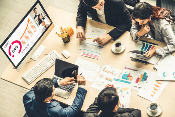 istock Video call group business people meeting on virtual workplace or remote office 1226916920