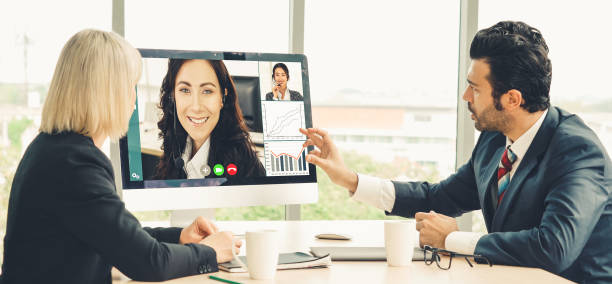 istock Video call group business people meeting on virtual workplace or remote office 1226916927