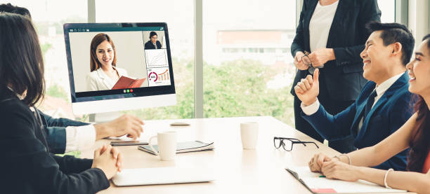 istock Video call group business people meeting on virtual workplace or remote office 1226916932