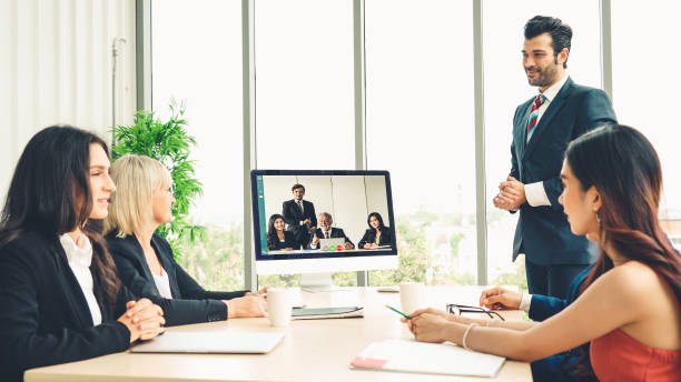istock Video call group business people meeting on virtual workplace or remote office 1226916938
