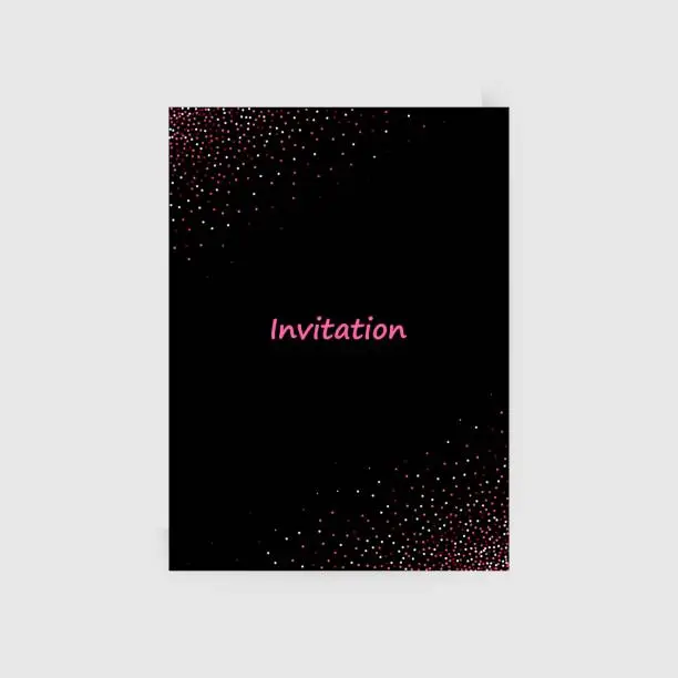 Vector illustration of Colorful postcard . Invitation. Line design, pink glowing confetti, illustration on black background. For banner, flash, website title, postcard. Vector. - Vektorgrafik