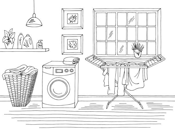 illustrazioni stock, clip art, cartoni animati e icone di tendenza di lavanderia casa interno grafico bianco nero schizzo illustrazione vettore - asciugatrice