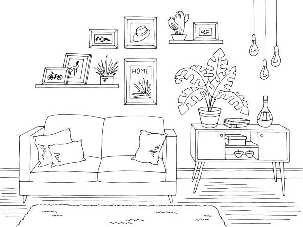 illustrazioni stock, clip art, cartoni animati e icone di tendenza di soggiorno grafico bianco nero casa interno schizzo illustrazione vettore - ambiente illustrazioni