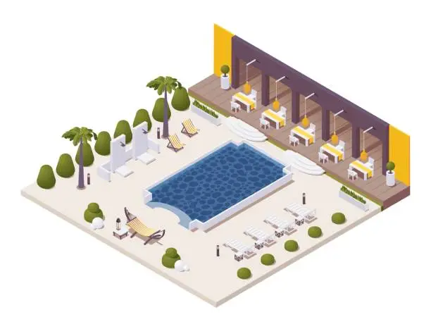 Vector illustration of Isometric pool near the restaurant at beach resort with sunbeds, outdoor shower, palm trees