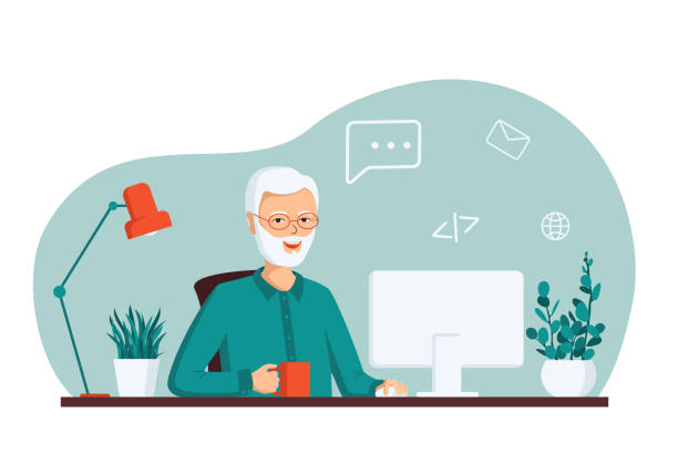 An elderly gray-haired smiling man sits at a computer. The concept of remote work from home, distance learning, programming, freelance. Vector illustration An elderly gray-haired smiling man sits at a computer. The concept of remote work from home, distance learning, programming, freelance. Vector illustration in a flat style. older software engineer stock illustrations