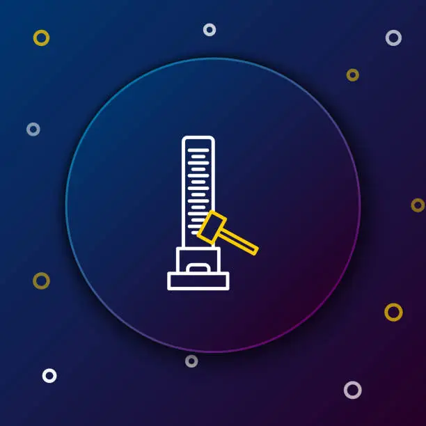 Vector illustration of White and yellow line High striker attraction with big hammer icon isolated on dark blue background. Attraction for measuring strength. Amusement park. Colorful outline concept. Vector Illustration