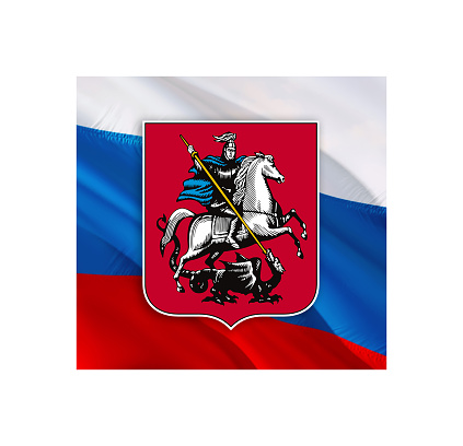 Coat of arms of Moscow on Russian flag. Russian capital National Symbol, 3d rendering. Moscow Coat of arms. Russian flag and sign of Kremlin. Politics concept. Moscow flag for Victory Day,Moscow City\