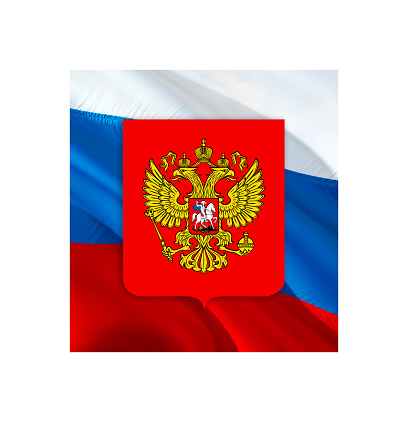 Moscow flag with Coat of arms on Russian flag. Kremlin Russian capital Coat of arms of Moscow, 3d rendering. Moscow Coat of arms. Russian Presidential National emblem Kremlin Sign on Russian flag \