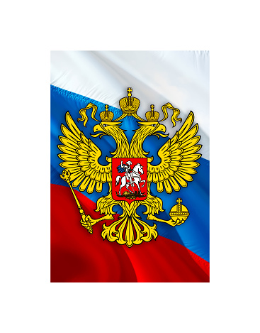 Russia emblem on Russian Federation flag design on Russia background, 3d rendering. Russia Flag Background for Russian Holidays. Russia Flag background. for Russian Day Holiday. Russian National Flag\
