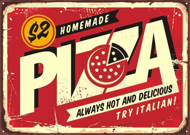 ilustrações, clipart, desenhos animados e ícones de pizza deliciosa caseira, poste vintage para restaurante pizzaria - rusty metal backgrounds retro revival