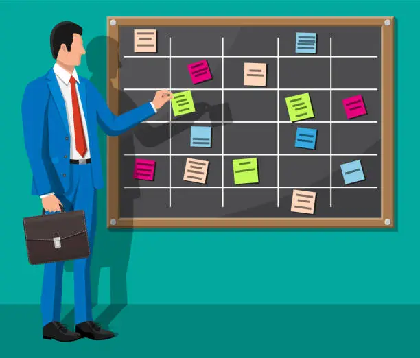 Vector illustration of Scrum agile board and businessman.